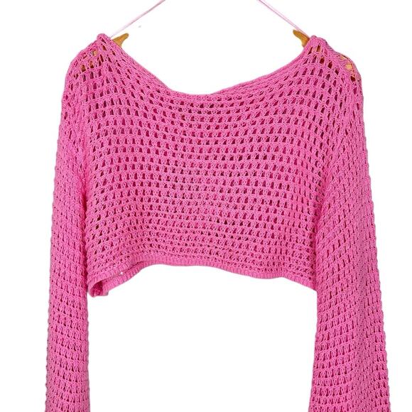 Pretty Damage Pink Crochet Bell Long Sleeve Crop Knit Boho Top Sz Small NWT - Picture 5 of 7